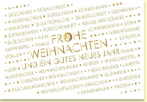 Weihnachtskarte mit festlichem Schriftzug und goldenen Sternen für frohe Feiertage