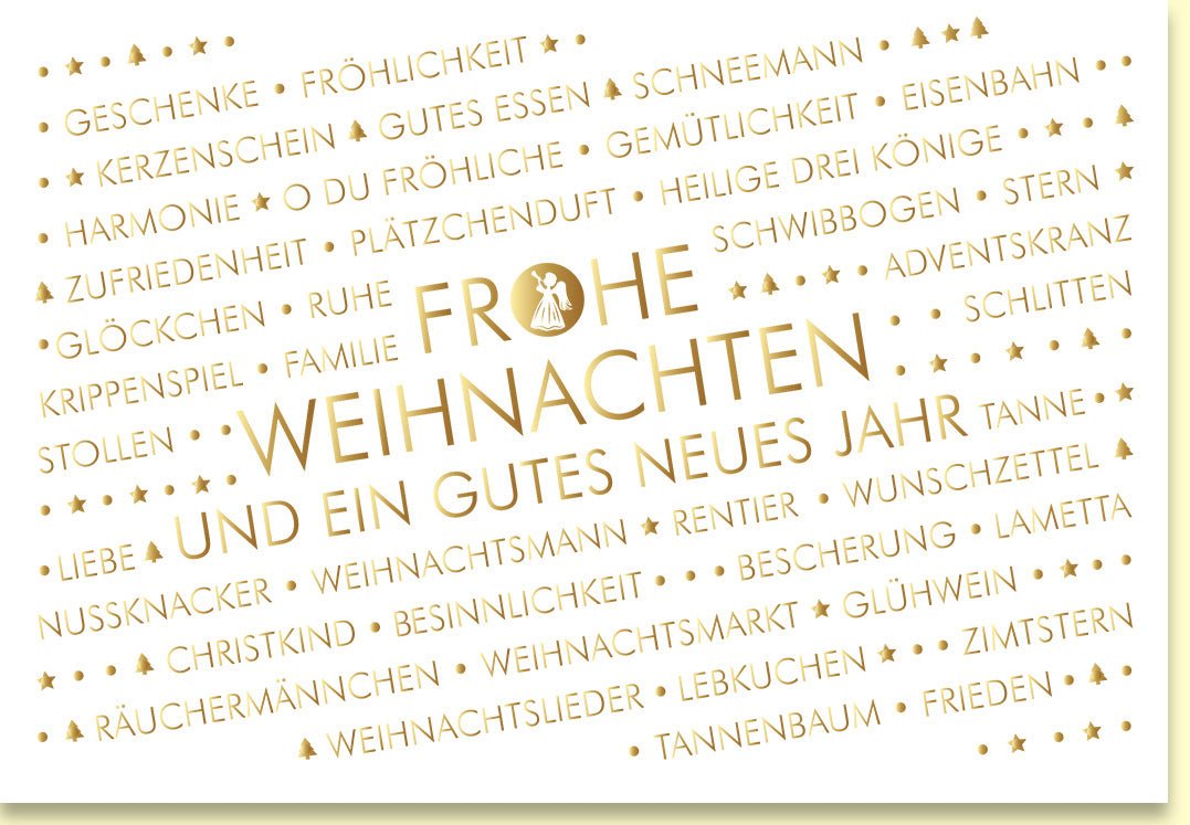 Weihnachtskarte mit festlichem Schriftzug und goldenen Sternen für frohe Feiertage