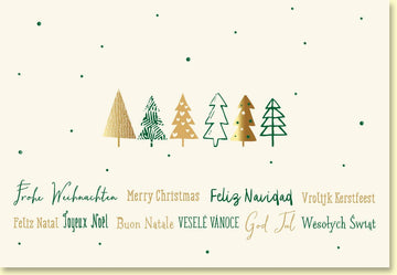 Weihnachtskarte mit festlichen Tannenbäumen in gold - grüner Winterpracht