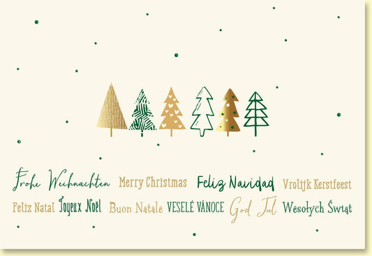 Weihnachtskarte mit festlichen Tannenbäumen in gold - grüner Winterpracht