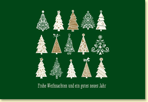 Weihnachtskarte mit festlichen Tannenbäumen in goldener Eleganz
