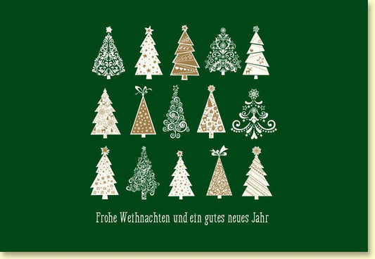 Weihnachtskarte mit festlichen Tannenbäumen in goldener Eleganz