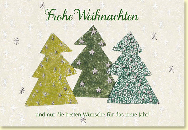 Weihnachtskarte mit festlichen Tannenbäumen in strahlendem Winterglanz