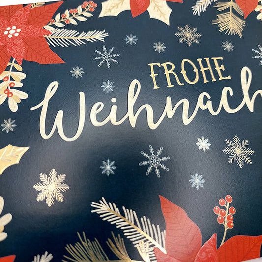 Weihnachtskarte mit festlichen Weihnachtssternen und glitzernden Schneeflocken