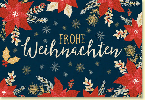 Weihnachtskarte mit festlichen Weihnachtssternen und glitzernden Schneeflocken