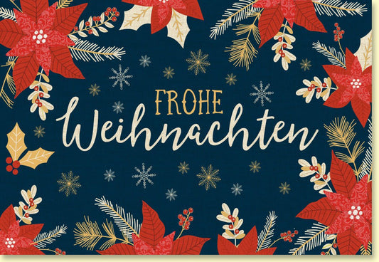 Weihnachtskarte mit festlichen Weihnachtssternen und glitzernden Schneeflocken