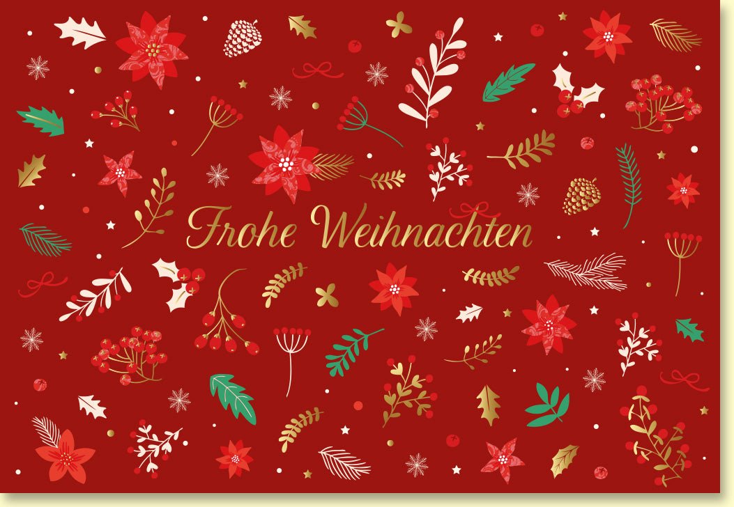 Weihnachtskarte mit festlichen Weihnachtssternen und leuchtenden Blättern