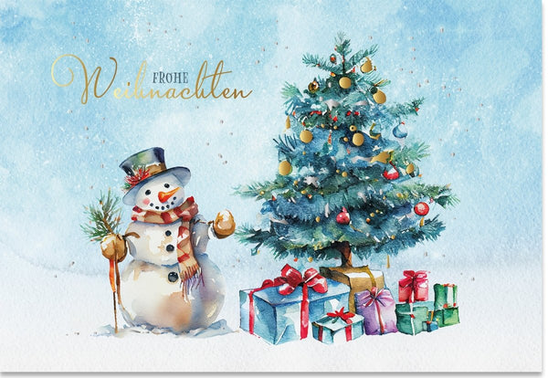 Weihnachtskarte mit fröhlichem Schneemann und festlich geschmücktem Tannenbaum