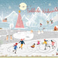 Weihnachtskarte mit fröhlichen Schlittschuhläufern im winterlichen Märchenland