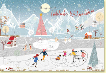 Weihnachtskarte mit fröhlichen Schlittschuhläufern im winterlichen Märchenland
