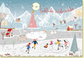 Weihnachtskarte mit fröhlichen Schlittschuhläufern im winterlichen Märchenland
