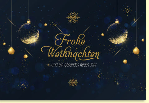 Weihnachtskarte mit funkelnden goldenen Kugeln und festlichem Sternenlicht