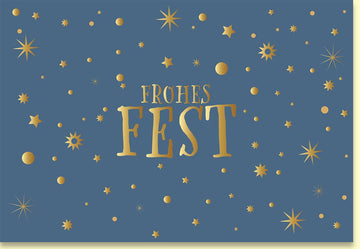 Weihnachtskarte mit funkelnden goldenen Sternen und festlichem Schriftzug
