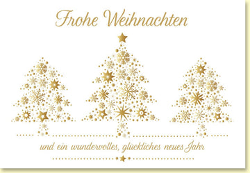 Weihnachtskarte mit funkelnden goldenen Tannenbäumen und festlichem Sternenzauber