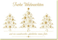 Weihnachtskarte mit funkelnden goldenen Tannenbäumen und festlichem Sternenzauber