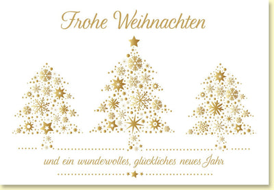 Weihnachtskarte mit funkelnden goldenen Tannenbäumen und festlichem Sternenzauber