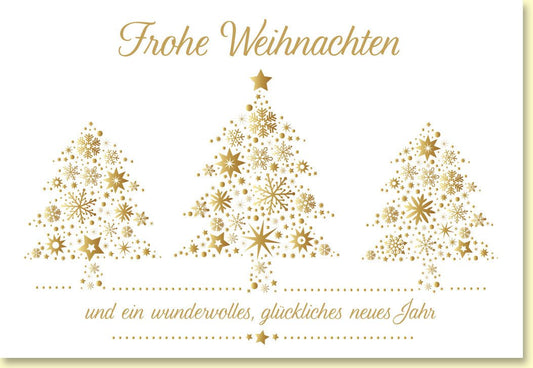 Weihnachtskarte mit funkelnden goldenen Tannenbäumen und festlichem Sternenzauber