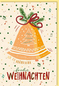 Weihnachtskarte mit Glockenmotiv - Festlicher Tannenbaum & Musiknoten auf Vintage Zuckerrohrpapier, Geschäftliche Weihnachtsgrüße