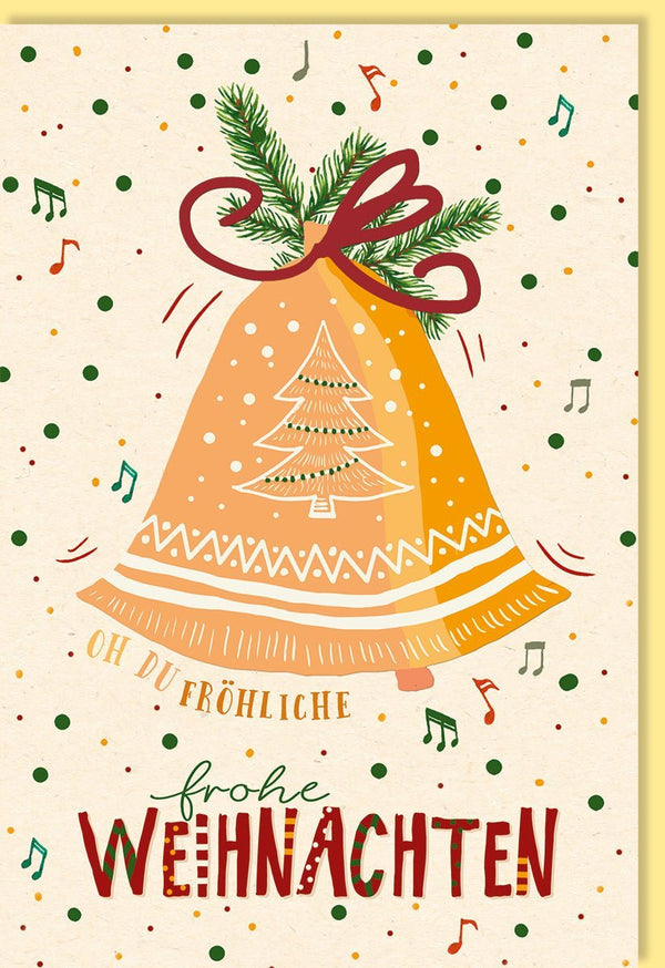 Weihnachtskarte mit Glockenmotiv - Festlicher Tannenbaum & Musiknoten auf Vintage Zuckerrohrpapier, Geschäftliche Weihnachtsgrüße