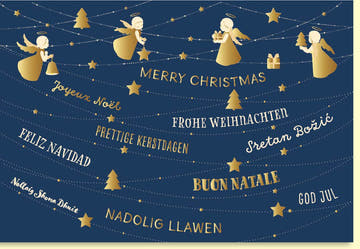 Weihnachtskarte mit goldenen Engeln und funkelnden Sternen im festlichen Glanz