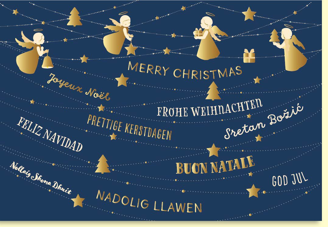 Weihnachtskarte mit goldenen Engeln und funkelnden Sternen im festlichen Glanz