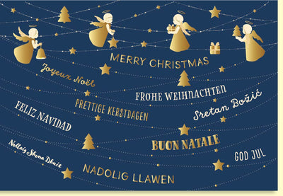 Weihnachtskarte mit goldenen Engeln und funkelnden Sternen im festlichen Glanz