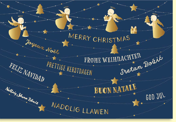 Weihnachtskarte mit goldenen Engeln und funkelnden Sternen im festlichen Glanz