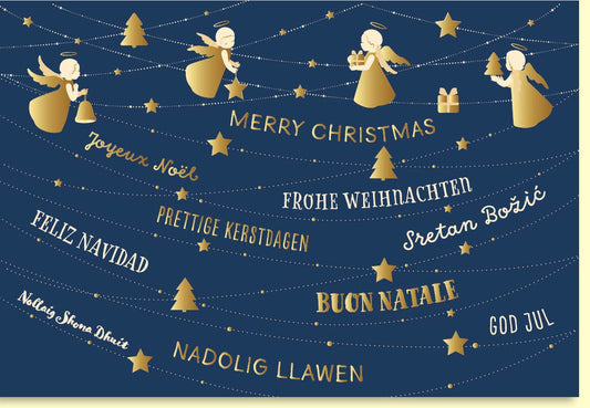 Weihnachtskarte mit goldenen Engeln und funkelnden Sternen im festlichen Glanz
