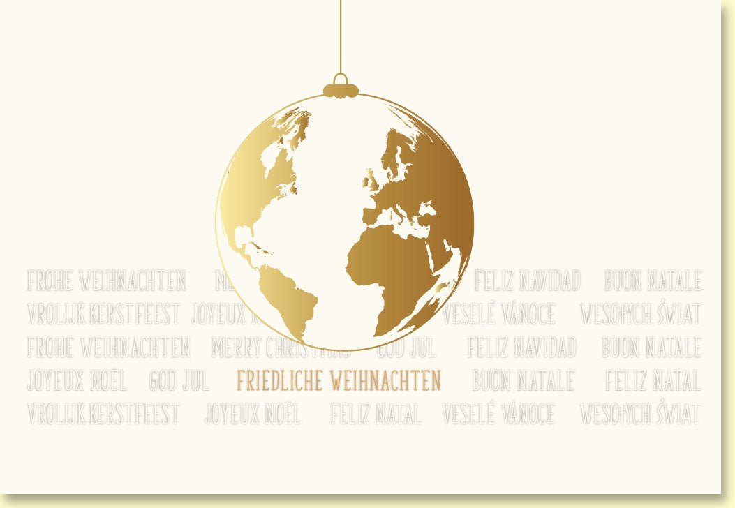 Weihnachtskarte mit goldener Weltkugel und festlichem Schriftzug in warmem Glanz