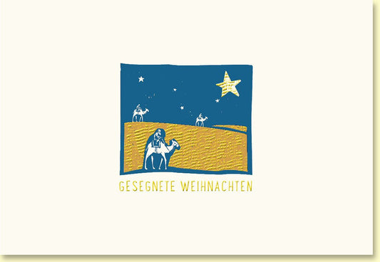 Weihnachtskarte mit heiligem Stern und Reisenden auf der Wüstenlandschaft