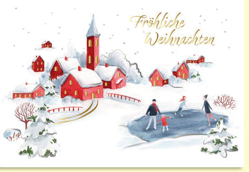 Weihnachtskarte mit idyllischem Winterdorf und fröhlichen Schlittschuhläufern