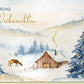 Weihnachtskarte mit idyllischer Winterlandschaft und leuchtendem Holzhaus