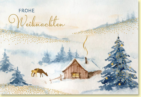 Weihnachtskarte mit idyllischer Winterlandschaft und leuchtendem Holzhaus