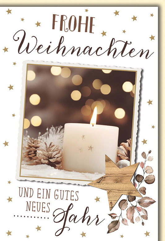 Weihnachtskarte Traditionell – Kerze mit Tannenzapfen und Sternen in Vintage-Optik