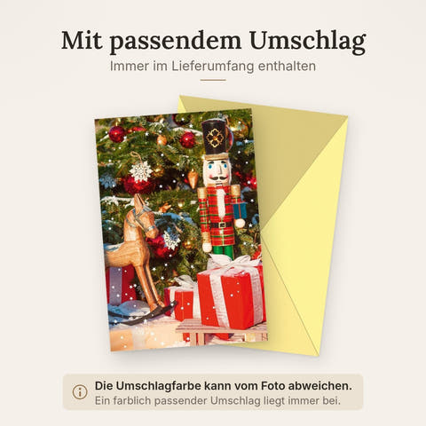 Weihnachtskarte mit Nussknacker-Motiv | Festliche Blanko- & Fotokarte | Traditionelle Deko, Rot-Grün Design, Glitzer für gemütliche Winterfeiertage