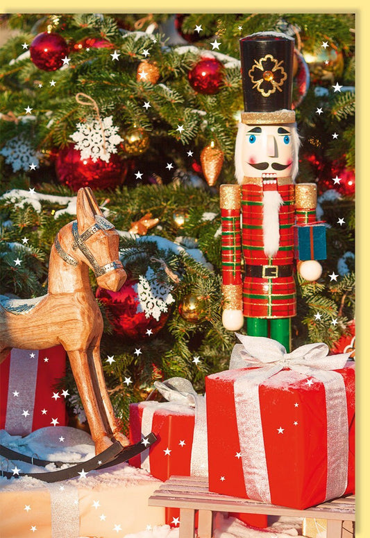 Weihnachtskarte mit Nussknacker - Motiv | Festliche Blanko - & Fotokarte | Traditionelle Deko, Rot - Grün Design, Glitzer für gemütliche Winterfeiertage