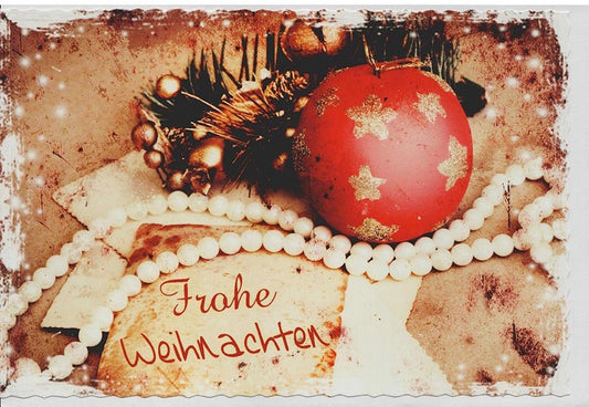 Weihnachtskarte mit roter Christbaumkugel und Sternen nostalgische Weihnachtsgrüße edle Doppelkarte für festliche Grüße