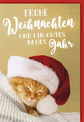 Weihnachtskarte mit schlafender Katze und Weihnachtsmütze Frohe Weihnachten und ein gutes neues Jahr liebevolle Grußkarte für die Festtage