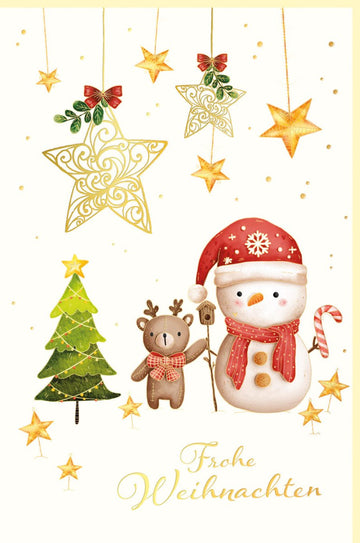 Weihnachtskarte mit Schneemann und Rentier liebevoll illustriert festlicher Weihnachtsbaum goldene Sterne Frohe Weihnachten Grußkarte