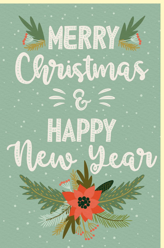 Weihnachtskarte mit Schriftzug Merry Christmas and Happy New Year festliches Design mit Weihnachtsstern und Tannenzweigen winterliche Grußkarte