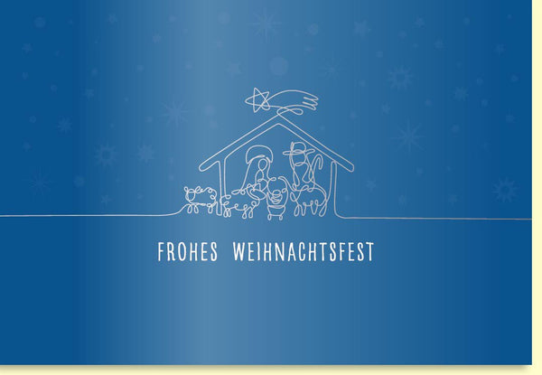 Weihnachtskarte mit stilvollem Krippenspiel unter funkelndem Sternenhimmel