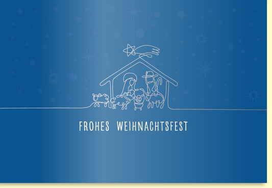 Weihnachtskarte mit stilvollem Krippenspiel unter funkelndem Sternenhimmel