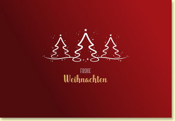 Weihnachtskarte mit stilvollen Tannenbäumen und festlichem Goldschriftzug