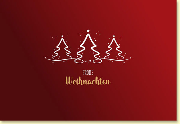 Weihnachtskarte mit stilvollen Tannenbäumen und festlichem Goldschriftzug