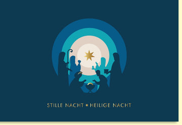 Weihnachtskarte mit stimmungsvollem Krippenspiel und leuchtendem Sternenhimmel