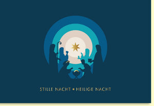 Weihnachtskarte mit stimmungsvollem Krippenspiel und leuchtendem Sternenhimmel