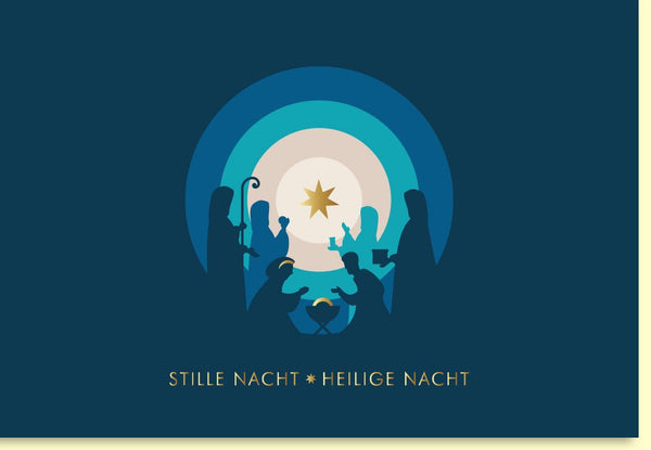 Weihnachtskarte mit stimmungsvollem Krippenspiel und leuchtendem Sternenhimmel