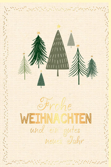 Weihnachtskarte mit Tannenbäumen Frohe Weihnachten und ein gutes neues Jahr stilvoll goldene Schrift festliche Grußkarte