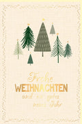 Weihnachtskarte mit Tannenbäumen Frohe Weihnachten und ein gutes neues Jahr stilvoll goldene Schrift festliche Grußkarte