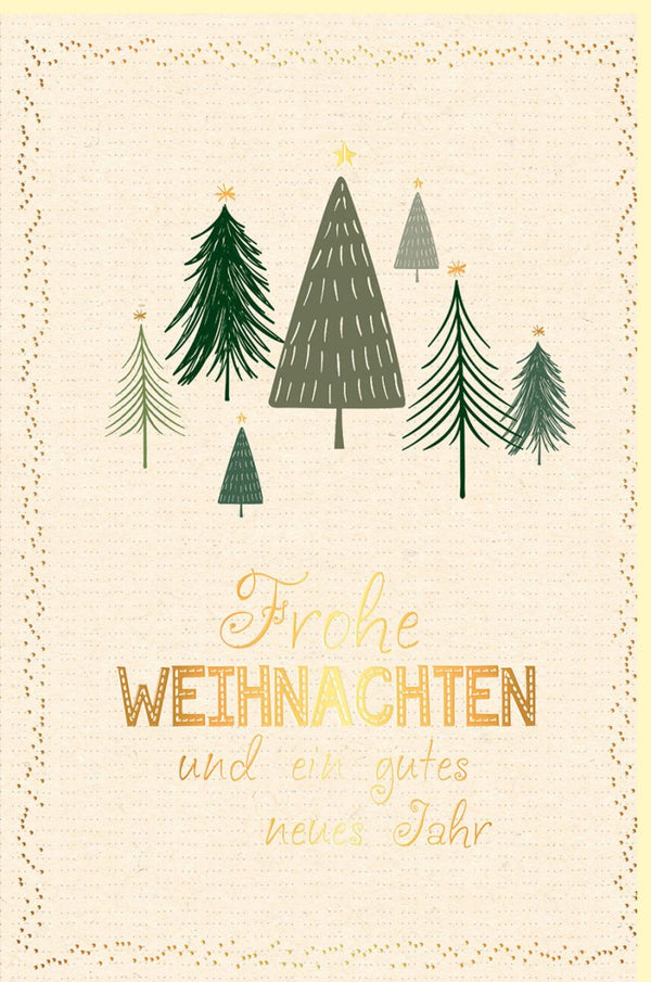Weihnachtskarte mit Tannenbäumen Frohe Weihnachten und ein gutes neues Jahr stilvoll goldene Schrift festliche Grußkarte